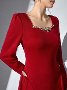 Poshira Women's Square Neckline Puff Sleeve Ruffled Midi Dress - Red - View 3