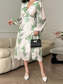 DAZY Tie-Waist V-Neck Lantern Sleeve Floral Midi Dress For Women,Fall Dress Long Sleeve Dress