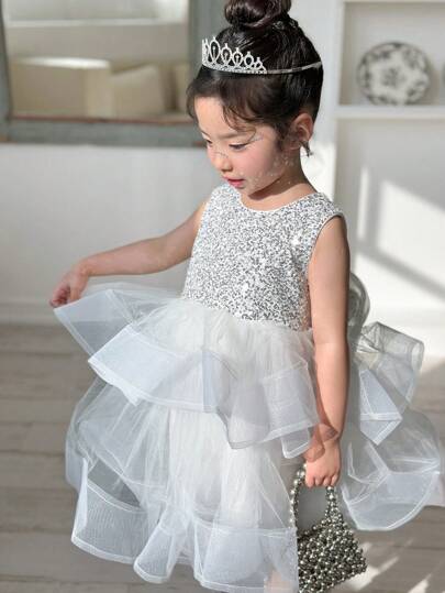 DAZY 小女孩亮片撞色网眼下摆无袖连衣裙，女孩夏季服装