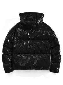 AXEPEAK Men's Solid Color Shiny Front Zip Closure Hooded Winter Jacket - Black - View 8