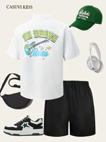SHEIN Explorewe Conjunto casual de 2 piezas para adolescentes: camisa blanca con cuello y estampado musical en la espalda, y pantalones cortos negros, atuendo para festival de música - Blanco - Ver 3