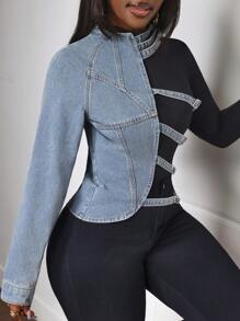 SHEIN Slayr Áo cánh denim dài tay trang trí kim loại cho nữ, đi nghỉ thường ngày - Màu xanh lam - Xem 5