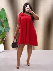 Slaydiva Plus Size Women's Simple Solid Red Casual Dress, Everyday Wear/Valentine's Day - Red - View 5