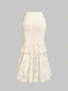 SHEIN MOD 女士米色荷叶边饰蕾丝美人鱼风格裙子、老钱、嬉皮士、节日、狂欢节服装、春假服装、女士西部服装、乡村、海滩、90 年代服装、女士春夏服装、女士端庄服装、蕾丝夏季裙子、蕾丝裙、荷叶边裙 - 杏色 - 查看 2