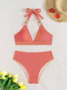 SHEIN Slayr Ombre Color 2pcs Women Halter Tie Neck Chain Bikini Set, Beachwear Summer - Coral Pink - View 1