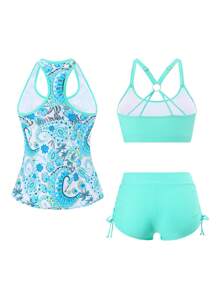 Swim Lushoire Conjuntos de ropa de playa para mujer: Set de 3 piezas que incluye top de tankini estampado de paisley, top de camisola de unicolor y shorts con cordón, para vacaciones de verano - Multicolor - Ver 6