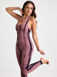 Menodora SHEIN Sport Menodora SHEIN Sport Tie-Dye Random Print Racerback Workout Jumpsuit - Coffee Brown - View 7