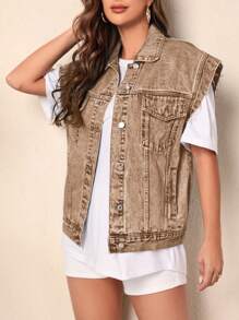 SHEIN Frenchy Washed Distressed Sleeveless Denim Jean Jacket, Casual Vacation Wear - Mocha Brown - View 5