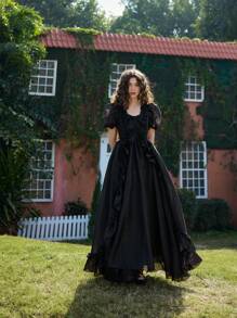 SHEIN MOD 黑色欧根纱梦幻浪漫泡泡公主裙配大蝴蝶装饰，适合约会、正式宫廷、情人节、舞会