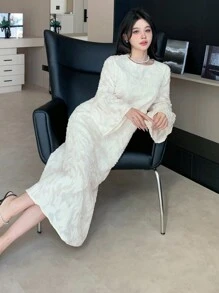 DAZY 纯色圆领连衣裙，简约时尚休闲日常穿着舞会礼服优雅 - 杏色 - 查看 10