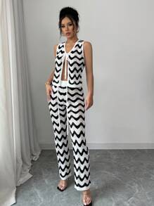 SHEIN Unity 2pcs/Set Women Lace-Up Sleeveless Striped Crop Top & Wide Leg Pants Knitted Sweater Set Fall Cloth For Women - Black and White - View 5