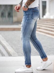 Manfinity Roughcore Men's Skinny Fit Blue Denim Jeans - Light Wash - View 6
