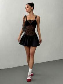 Flirla Vestido corto para mujer estilo minimalista de bailarina con tirantes de spaghetti, encaje floral de rosa negra, para primavera/verano - Negro - Ver 3