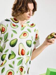 Notgurli Men's Loose Avocado Print Pocket Hooded Robe - Multicolor - View 7