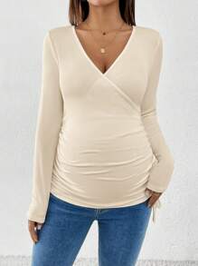 SHEIN Maternity Ribbed Knit Slim Fit V-Neck Long Sleeve T-Shirt With Ruched Side Tie, Beige - Apricot - View 5