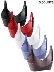 5pcs/Pack Plus Size Women's Plain Ribbed Comfortable Leisure Bras