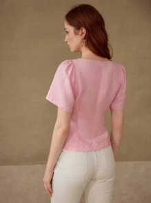 MOTF PREMIUM LINEN KNOT FRONT SHORT SLEEVE TOP - Pink - View 7