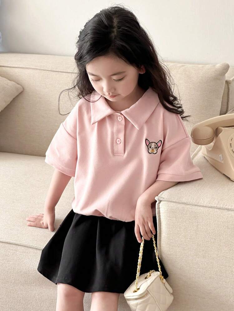 2pcs Young Girl Dog Embroidered Front Button Short Sleeve Shirt And Mini Skirt Set,Girls Summer Outfits