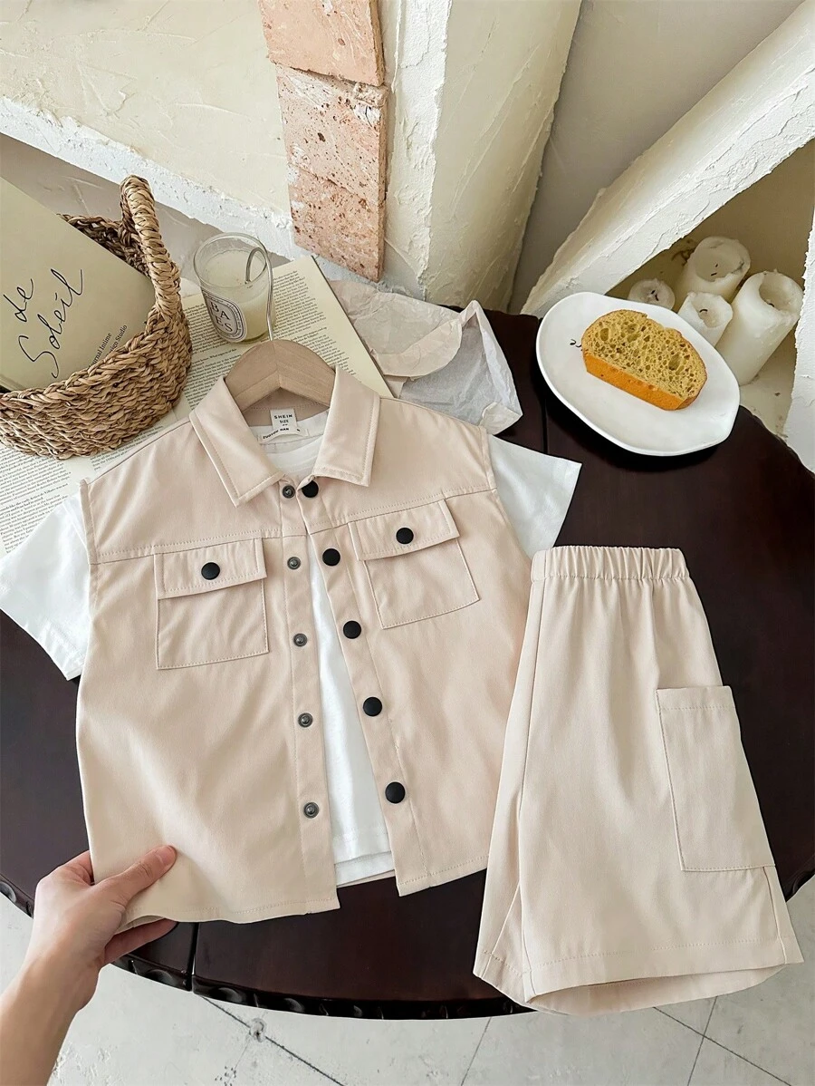Set de 2 piezas de camisa sin mangas y pantalones cortos para niño pequeño, adecuado para fiestas de cumpleaños, fiestas de noche, actuaciones, bodas, bautizos, ceremonias de inauguración y uso diario