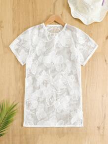 Teen Girls' Round Neck Short Sleeve Butterfly Embroidery Casual Cover Top