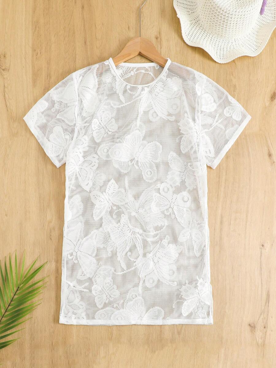 Teen Girls' Round Neck Short Sleeve Butterfly Embroidery Casual Cover Top