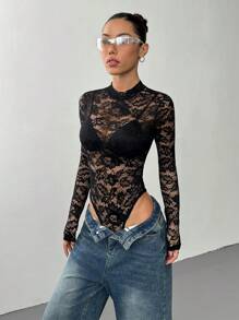 SHEIN DivaQ 1pc Women's Sexy Lace Turtleneck Long Sleeve Bodysuit, Bohemian Style, Suitable For Music Festivals, Spring/Summer - Black - View 4