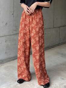 FRIFUL Women High Waist Long Pants Floral Print Vacation Style Trousers, Summer - Orange - View 6