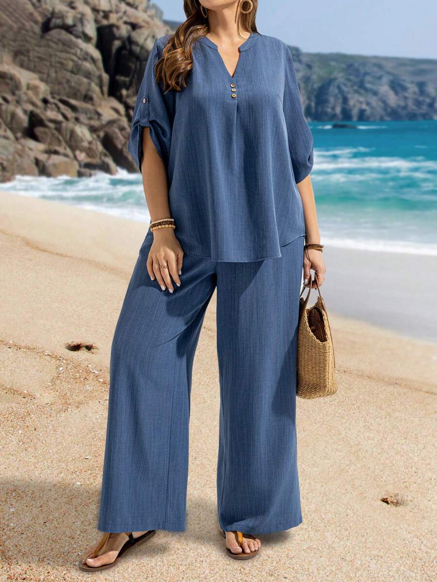 EMERY ROSE Set de 2 piezas para mujer de talla grande: camisa con bajo en V sólido y pantalones