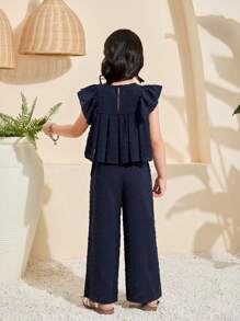 SHEIN Young Girl Woven Solid Color Round Neck Ruffle Trim Top And Woven Loose Wide-Leg Pants 2 Pieces Set