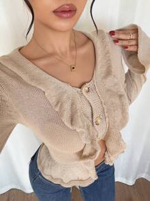 Chiquease New Autumn/Spring Ruffle Trim Single-Breasted Flared Sleeve Fitted Women Cardigan, Sexy European American Style - Khaki - View 5