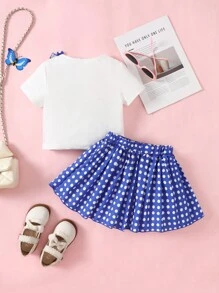 Set de 2 piezas: Blusa de manga corta y cuello redondo con estampado de niña con cola de caballo, y falda plisada a juego con fondo azul y lunares blancos, estilo campus para salidas, para niñas jóvenes - Blanco - Ver 2