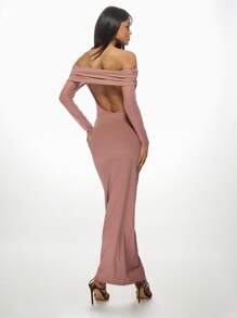 MISSGUIDED Bardot Off Shoulder Long Sleeve Bodycon Maxi Dress With Mesh Cutout Evening Party Formal Ruched Design Special Occasion - Dusty Pink - View 2