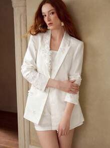 MOTF PREMIUM 100% LINEN APPLIQUES STRUCTURED BLAZER, SUMMER WHITE BLAZER - White - View 5