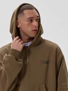 Long Sleeve Oversized Hooded Quarter Zip Sweater Branded "MUSERO LIMITED EDITION" Detailing Spring Summer Essentials - Coffee Brown - View 5