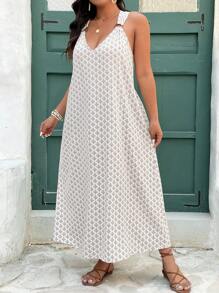 SHEIN Frenchy Women's Plus Size V-Neck Printed Long Dress, Fashion Loose Casual Dress Suitable For Vacation