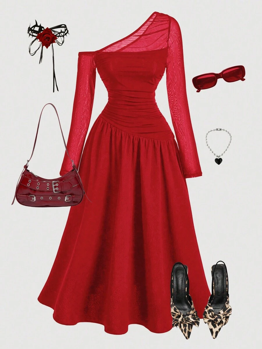 Girlism Vestido largo de manga larga con pliegues asimétricos rojo para adolescentes, un vestido rojo hermoso y elegante para el Día de San Valentín