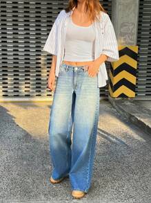 EURMUSE WOMEN BACK DETAIL FRINGE POCKET LOW WAIST EXTRA WIDE LEG JEANS - Medium Wash - View 4