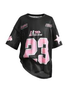 SHEIN Tween Girl Knit Mesh Numeric & English Letter Print Loose Dropped Shoulder Pullover T-Shirt, Suitable For Back To School, Sports Event, Fashion Streetwear