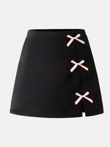 SHEIN Girls' Basic Elegant Lady Party Evening Commute 3D Bow Slit Fitted Skirt - Black - View 1