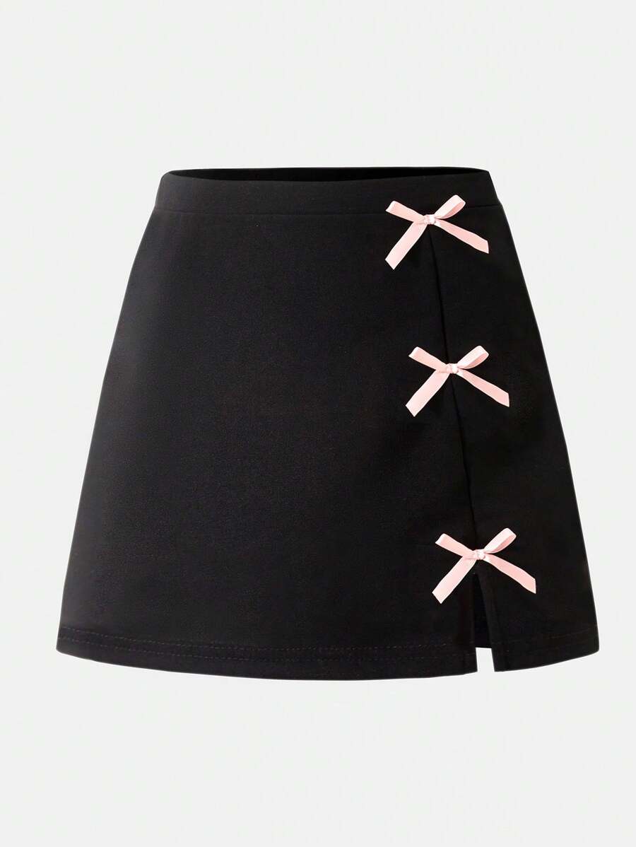 SHEIN Girls' Basic Elegant Lady Party Evening Commute 3D Bow Slit Fitted Skirt - Black - View 1