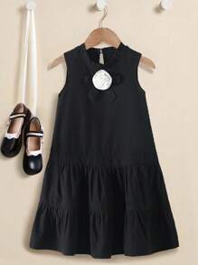 Girls' Casual Solid Color Sleeveless Round Neck Loose Mid-Length Bowknot Decor Summer Dress - Black - View 7
