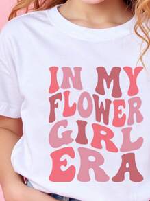 年轻女孩休闲“花姑娘”英文文字图形白色短袖T恤，适合学校、派对、日常穿着 - 白色 - 查看 3