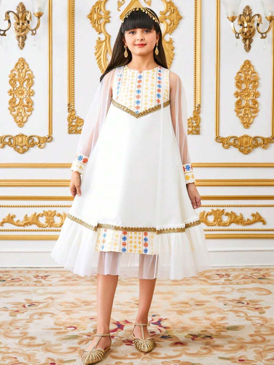 SHEIN Tween Girls Loose Elegant Ruffled Trim Crew Neck Dress With Overlay 2pcs Set - White - View 1