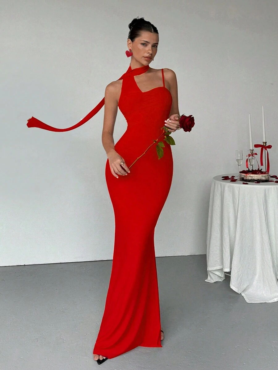 Aloruh 女士优雅性感浪漫情人节露背修身美人鱼细肩带长裙，情人节约会派对红色连衣裙，夏季度假服装 - 紅色 - 查看 1