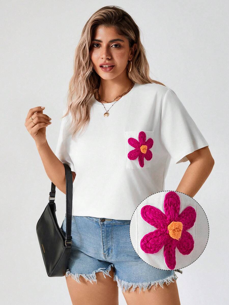 Freevana Plus Size Round Neck Short Sleeve Pocket Casual T-Shirt, For Everyday Wear Western Wear Women Boho Bohemian 90s Clothes Festival Summer Outfits For Women Summer Boho Old Money Summer Outfits For Women Spring Break Rave Outfits CottonFestival Spring Break Outfits - White - View 1