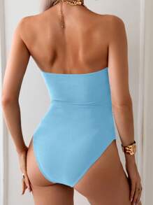 Swim Chiccia 1 件女式纯色褶皱镂空抹胸性感连体泳衣，适合夏季海滩度假 - 薄荷藍 - 查看 2