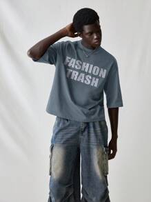 Manfinity VCAY Men's Knit Casual Daily Young Loose Short Sleeve T-Shirt With English Graphic Print - Grey - View 1