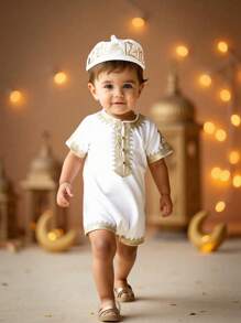 SHEIN White Summer Elegant Wedding Newborn Baby Boy Girl Soft Comfortable Jacquard Fabric Outfit,Decorative Ribbon Round Neck Short Sleeve Romper,Versatile - White - View 1