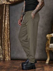 Manfinity VCAY Men's Woven Casual Solid Color Tapered Pants - Army Green - View 2