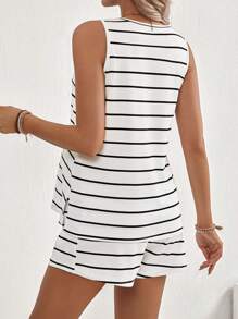 SHEIN 2pcs Maternity Sleeveless Stripe Knit Shorts Set With Side Slit (Non-Matching Stripe) - White - View 2